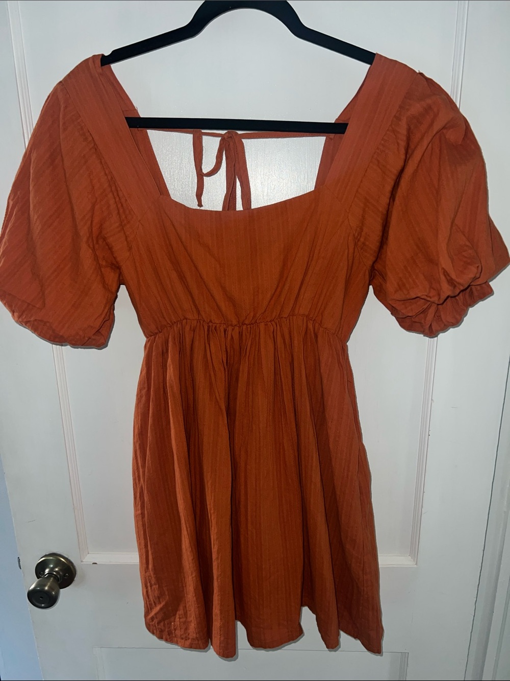 Mable Rust Orange Cotton Puff Sleeve Babydoll Mini Dress Square Neck back - M